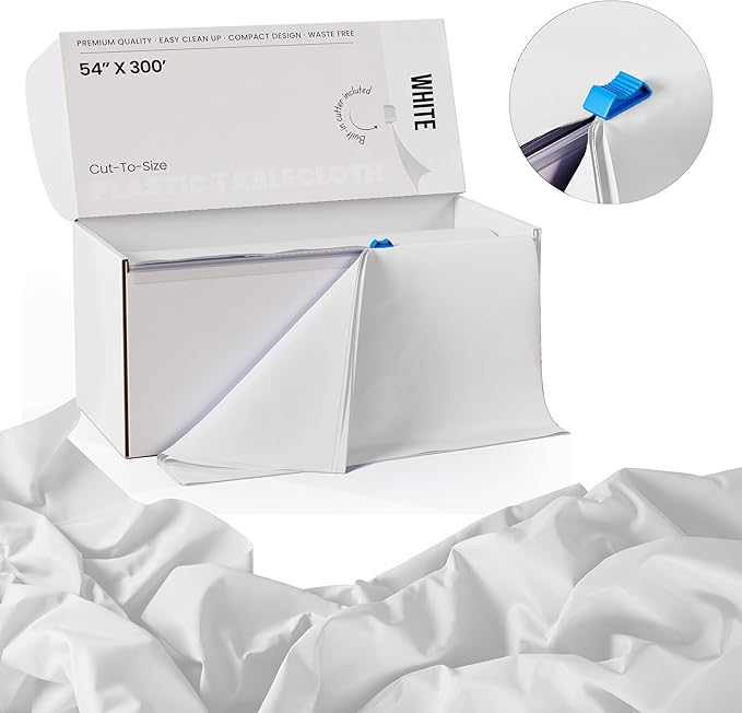Party Solids 54 Inch X 300 Feet White Plastic Table Cover Roll in A Cut - to - Size Box with Convenient Slide Cutter. Cuts Up to 36 Rectangle 8 Feet Plastic Disposable Tablecloths