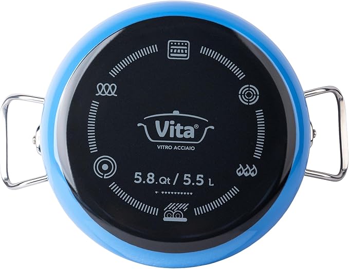 VITA 6-Quart Dutch Oven (Blue) with Lid for All Stove Tops (Enamel on Steel) Dishwasher & Oven Safe up to 500 ??- Quick & Even Heat Distribution - Enameled Interior is Non-Reactive & Easy to Clean