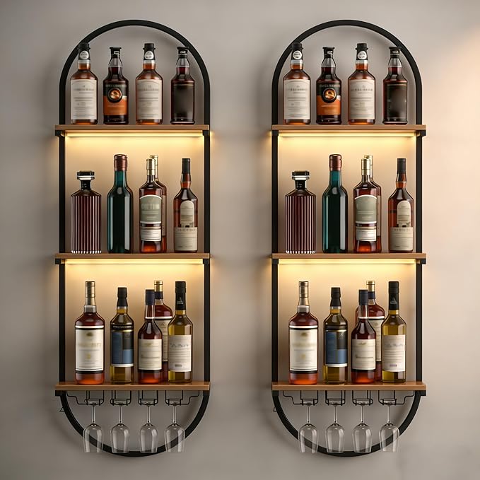 Wall Mounted Wine Rack, Black Industrial Floating Shelves, 3-Tier Bottle Display Glass Holder, for Home Bar Dining Room, Kitchen, Living Room (Black, 1PCS)