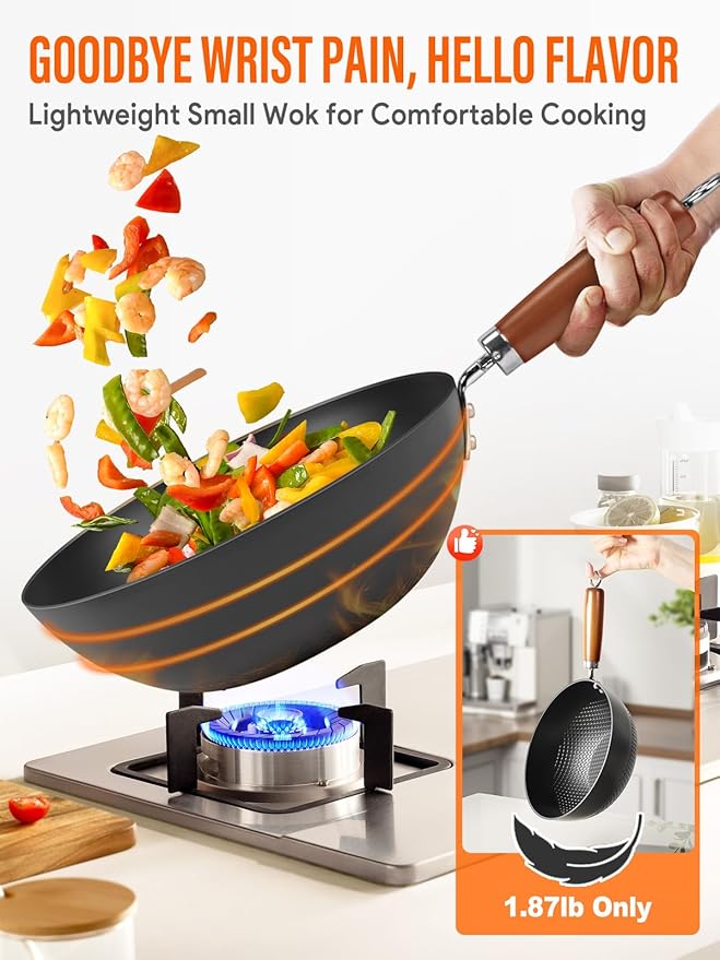10.5-Inch Carbon Steel Wok ??Lightweight Flat-Bottom Stir-Fry Pan for 2?? Servings, Authentic Chinese Cooking, 2-Piece Set