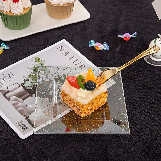 supernal 200pcs Square Plastic Dessert Plates-100pcs Gold Dessert Forks,100pcs 6inch ClearDessert Plates,cocktail plates, Clear Appetizer Plates for Pary Birthday New Year