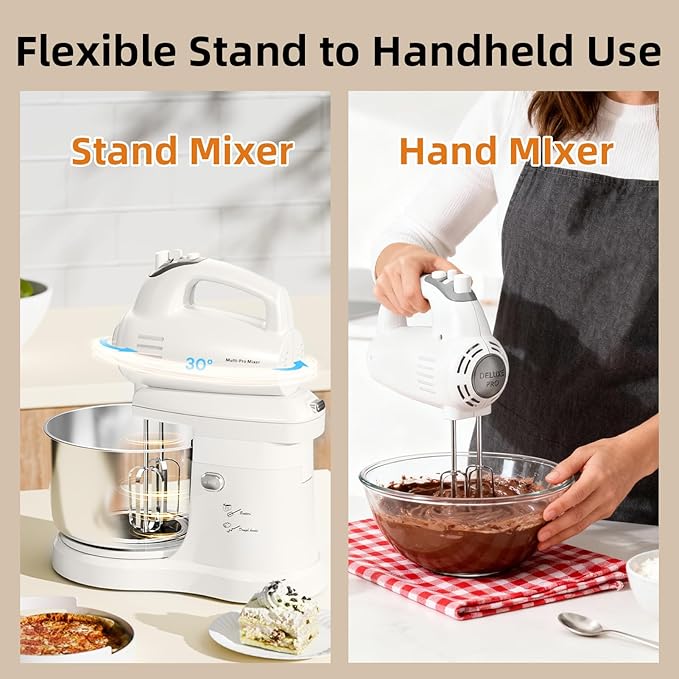 Stand Mixer Hand Mixer Electric Kitchen - 3.2 QT Auto-Rotating Bowl & Beater Small Standing Mixer, 5-Speed Tilt-Head Household Mixer with Beaters& Dough Hooks for Baking, White