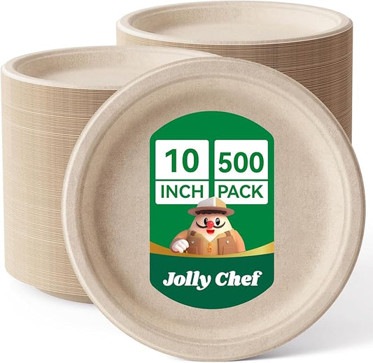 JOLLY CHEF Compostable Heavy Duty Plates ?윮?윭 ?뿙?뿻?뿰?뿵 [?윶?윭?윭 ?뿣?뿮?뿰?뿸] Eco-Friendly Disposable Paper Plates Natural Bagasse Biodegradable Sugarcane Bulk for Party Hot Cold Dinner Christmas (Brown)