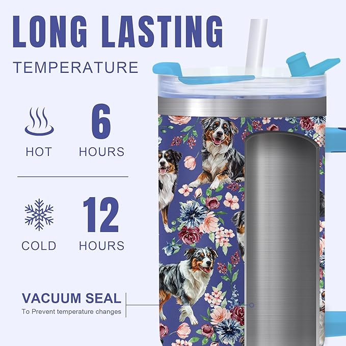 Yogusut Australian Shepherd Gifts for Women, 40oz Stainless Steel Insulated Tumbler Travel Mug Cup with Handle Straw, Gifts for Dog Mom Dog Lover