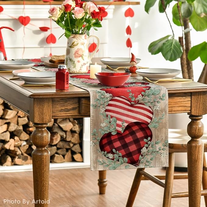 Artoid Mode Wood Eucalyptus Hearts Valentine's Table Runner, Anniversary HoliKitchen Dining Table Decoration for Home Party Decor 13x36 Inch
