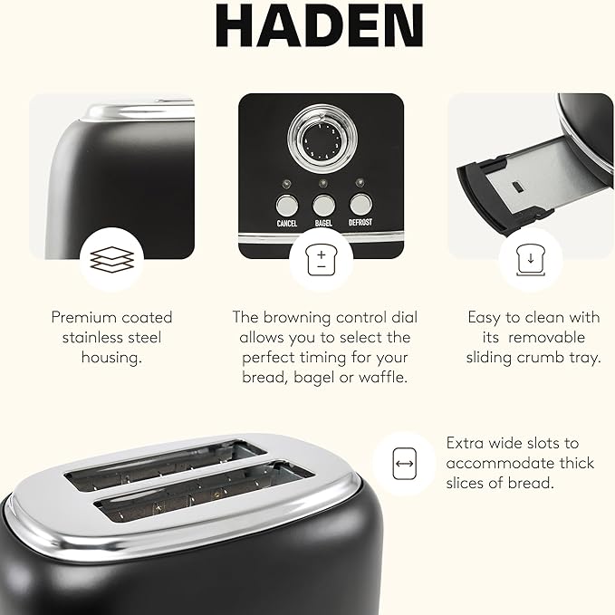 Haden Heritage 2 Slice Wide Slot Stainless Steel Toaster with Adjustable Browning Control & Non-Slip Feet, Black & Chrome
