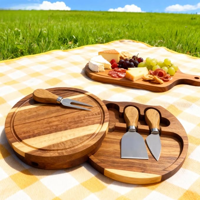 Garvee 3 Pack Mini Charcuterie Boards 7.7" Round Wood Cheese Board Set with Knife & Fork, Thank You Gift Box for Guest Bridal, Baby Shower - Acacia Wood