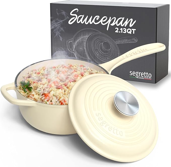 Small Sauce Pan with Lid, 2.13 QT Bianco Perla (Off-White) Sauce Pot, Small Pot with Stay Cool Helper Handle and Tight-Fitting Lid- Segretto Cookware