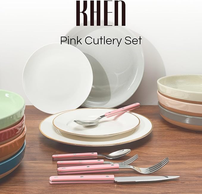 Khen Cutlery Set of 20, 18/8 Stainless Steel Flatware, Modern Silverware for Home, Kitchen, Dining & Table Setting for 4 ??Stainless Steel, Dishwasher Safe, Lightweight & Ergonomic Design Gift - Pink
