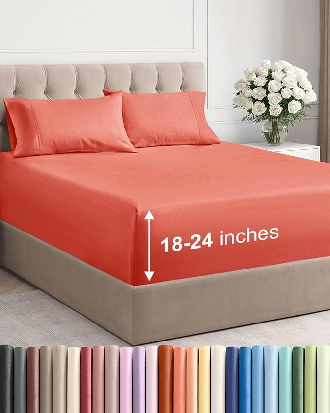 Extra Deep Pocket Queen Sheet Set - 4 Piece Breathable & Cooling Bed Sheets - Hotel Luxury Sheet Set - Ultra Soft, Wrinkle Free & Comfy - Easily Fits Extra Deep Mattresses - Deep Pocket Coral Sheets