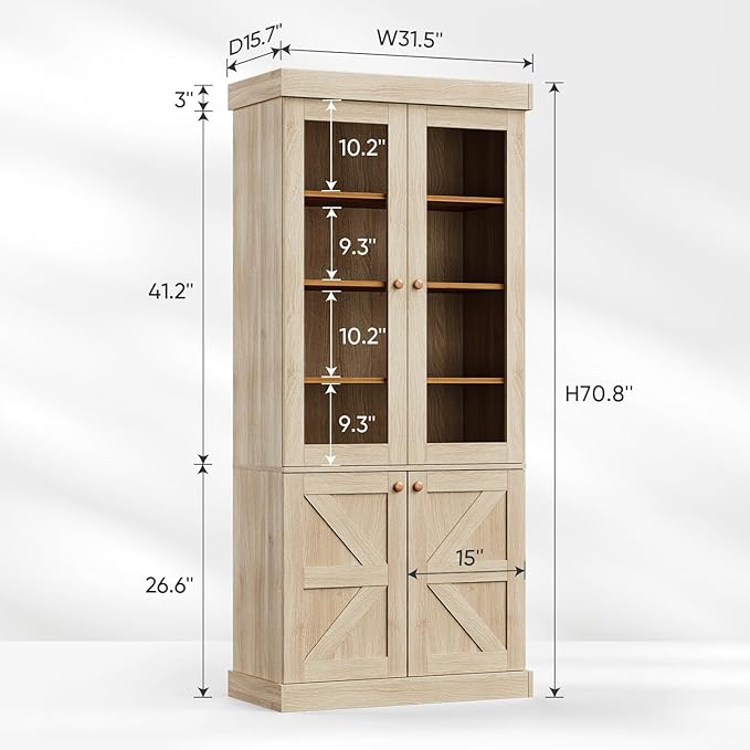 Vyre 71" Tall Farmhouse Kitchen Pantry, Set of 2 Large Storage Cabinets with Glass Doors & Adjustable Shelves, Versatile Wood Hutch for Living Room & Dining Room, Brown