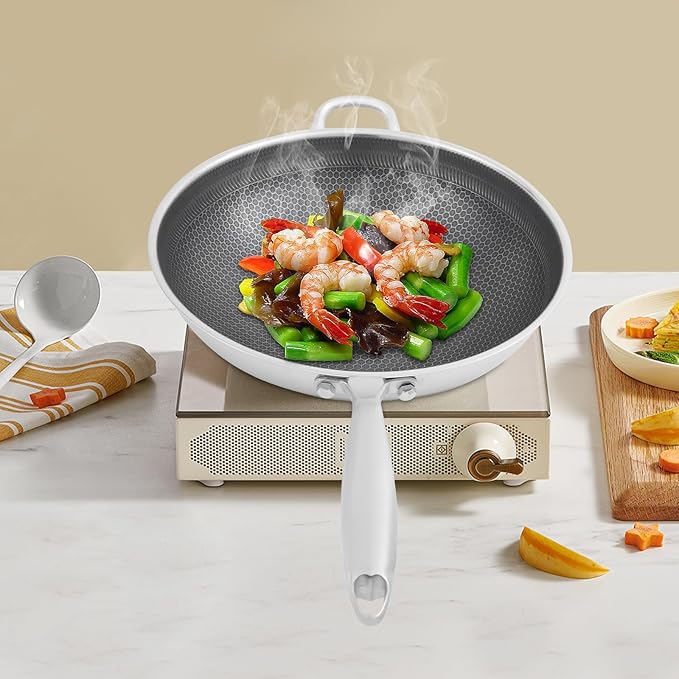 14.2 inch Stainless Steel Stir-fry Wok, Cooking Frying Pan, Non Stick Honeycomb Skillet with Stay Cool Handle, Class LId, Suitable for Induction, Ceramic, Electric, and Gas Cooktops
