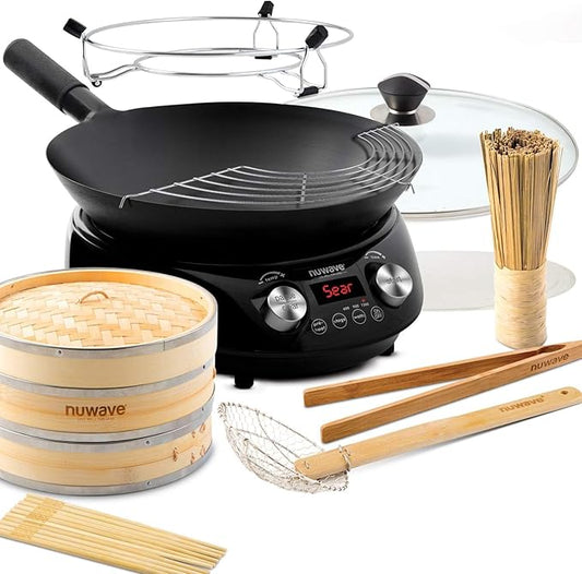 Nuwave Mosaic Induction Wok, Temp Control 100째F-575째F in 5째F, Wok Hei, Infuse Charred Aroma & Flavor, 14-inch Carbon Steel Wok, 8pc Bamboo Accessories