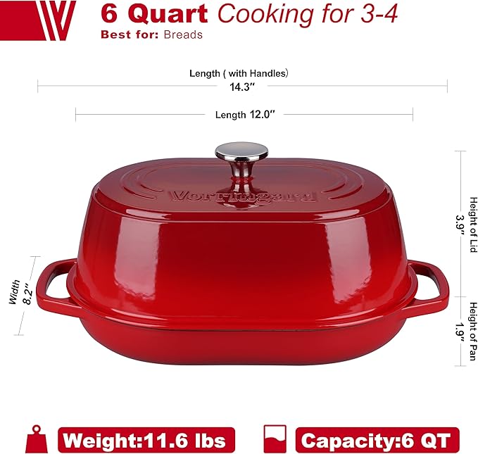 Enameled Cast Iron Dutch Oven Pot with Dome Lid, Oval Bread Oven for Homemade Sourdough Bread Baking, Oven Safe up to 500째F, 6 Quart, Red