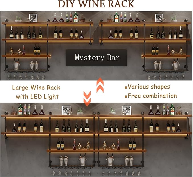 157in Large Wine Rack with LED Light, 4 Tiers Solid Wood Wall Mounted Wine Rack, Industrial Liquor Bottles Floating Shelves with Glass Holder for Home Bar/Dining Room (157.4in/400cm)
