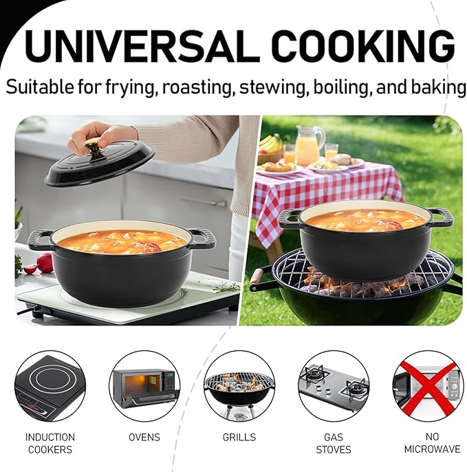 ROVSUN 5 Quart Enameled Cast Iron Dutch Oven with Lid, Dual Handles, Oven Safe up to 500째F or on Stovetop, Compatible for Braising, Stews, Roasting, Bread Baking-Black