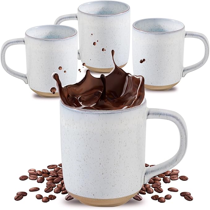 HASENSE Coffee Cups Ceramic 12 OZ with Hanldes, Coffee Mugs Set of 4 for Tea, Cocoa, Milk, Latte and Cappuccino, Porcelain Coffee Cups with Speckled Patterns for Man Woman, Bluish White