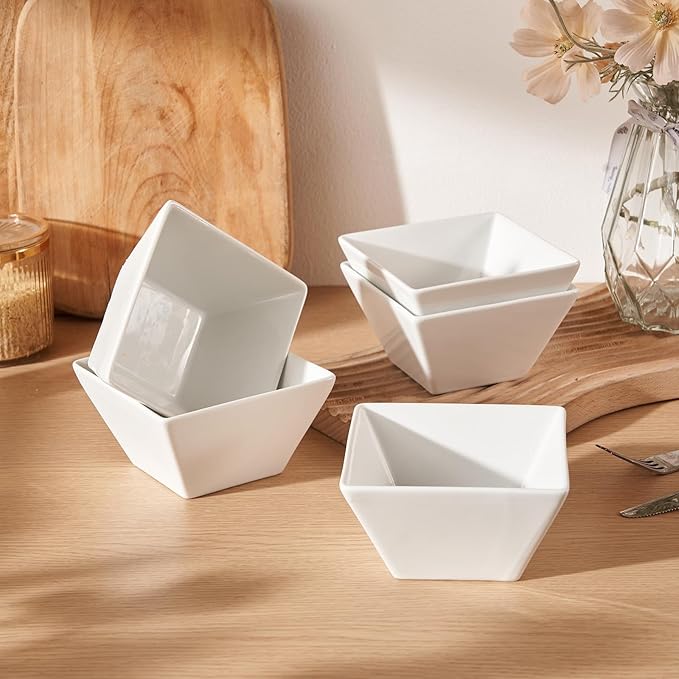 Meideal Porcelain Small Serving Bowls Set of 6, 13 Oz Square Cereal Bowls, 4.6" White Ceramic Dessert Bowls for Salad, Dip, Soup, Snack, Fruits, Small Portions, Dishwasher & Microwave Safe