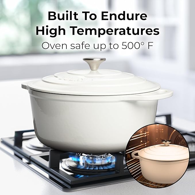 Zulay Kitchen 6 Quart Enameled Cast Iron Dutch Oven Pot with Lid ??Premium Durability & Oven Safe up to 500째F ??Heavy Duty Cookware Perfect for Bread Baking, Stews, Braising & Roasting ??White