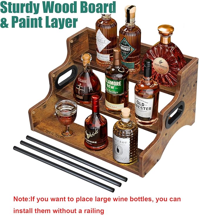AT-VALY 3-Tier Liquor Bottle Display Shelf, Iron&MDF Countertop Wine Rack, Liquor Cabinet for Home Decor, Mini Bar(Rustic Brown)