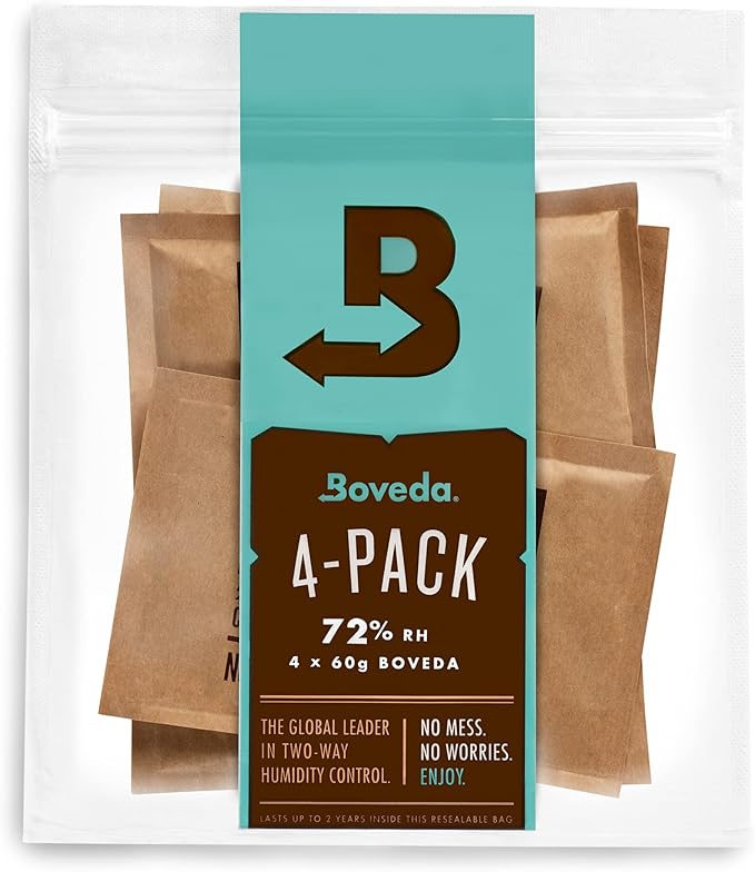 Boveda 72% Two-Way Humidity Control Packs For Wood Humidifier Boxes ??Size 60 ??4 Pack ??Moisture Absorbers ??Humidifier Packs ??Hydration Packets in Resealable Bag