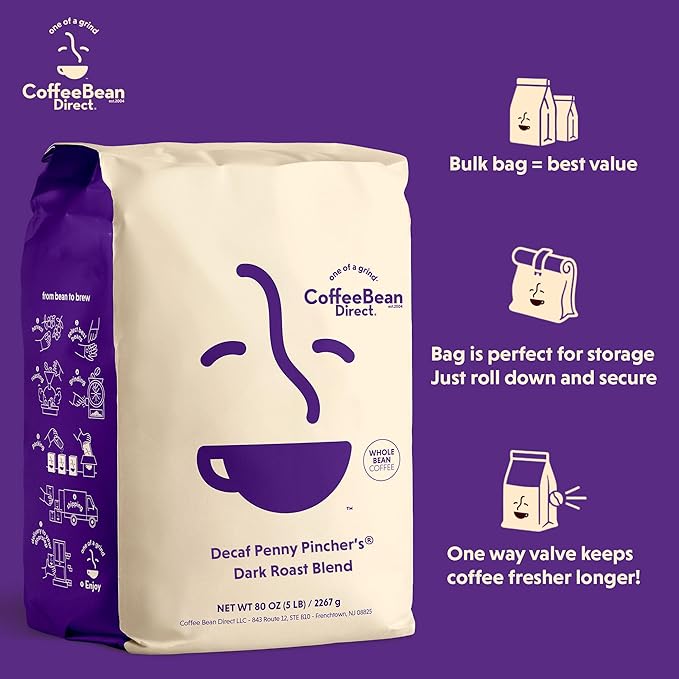 Coffee Bean Direct Decaf Penny Pincher's짰 Dark Roast Blend, Whole Bean Coffee, Dark Roast, 5 Pound Bag (Pack of 1)