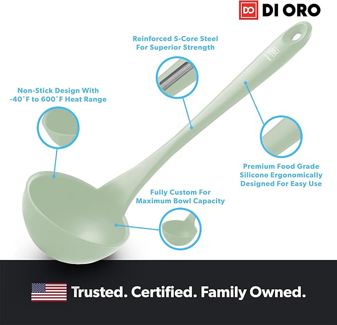 DI ORO Silicone Ladle ??Soup Ladle for Cooking & Serving Heat-Resistant - Large Kitchen Soup Ladle Nonstick Cookware Safe - Soup Serving Spoon with Wide Bowl - Silicone Utensil Dishwasher Safe (Sage)