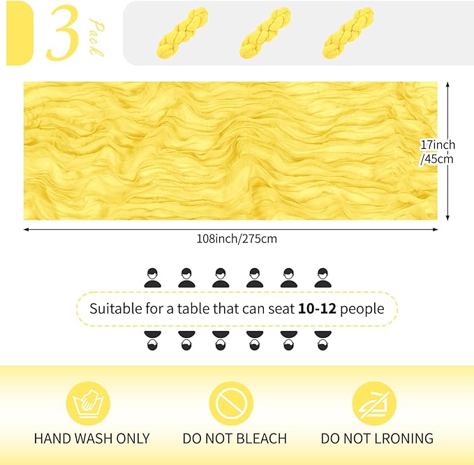 RealBox 3 Pack Lemon Yellow Cheesecloth Table Runner 17x108 Inch Semi Sheer Boho Gauze Cheese Cloth Fabric Table Runners Table Decor for Wedding Party Baby Shower Birthday Home Decor Garden Farmhouse