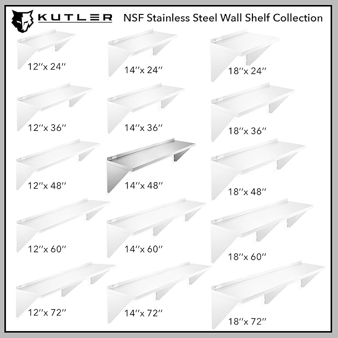 KUTLER Stainless Steel Shelf - 14" x 48", NSF Commercial Wall Mount Shelves with Backsplash, Floating Metal Shelving for Restaurant, Kitchen, Home
