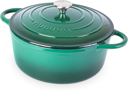 Nuovva Enamelled Cast Iron Dutch Oven Pot with Lid ??6.4 Quart Non Stick Casserole Pot ??Heavy Duty & Oven Safe up to 500째 F for Bread Baking, Braising, Stews, Roasting ??28cm Dark Green