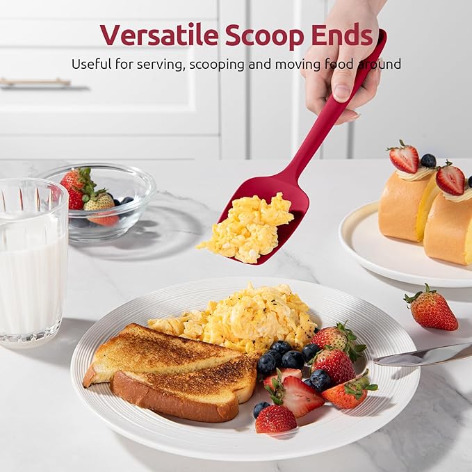 U-Taste Flat Spatula & Spoon Spatula: 11.38in 600쨘F Heat Resistant Silicone Bowl Scraper, Flexible Rubber Kitchen Cooking Mixing Utensil with Upgraded Non-Stick Surface (Set of 2, Red)