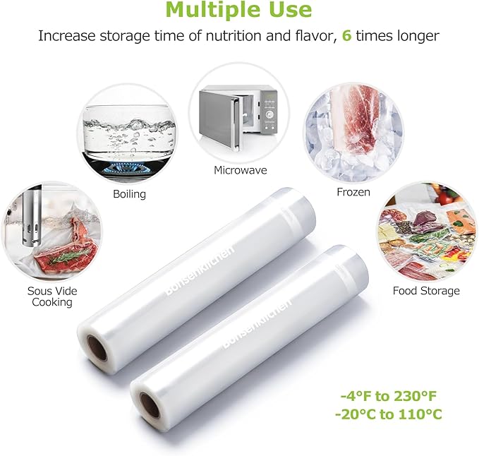 Bonsenkitchen Vacuum Food Sealer Rolls Bags, 2 Packs 8 in x 20 ft, BPA Free, Durable Commercial Customized Size Bags for Storage and Sous Vide Cooking,VB3206