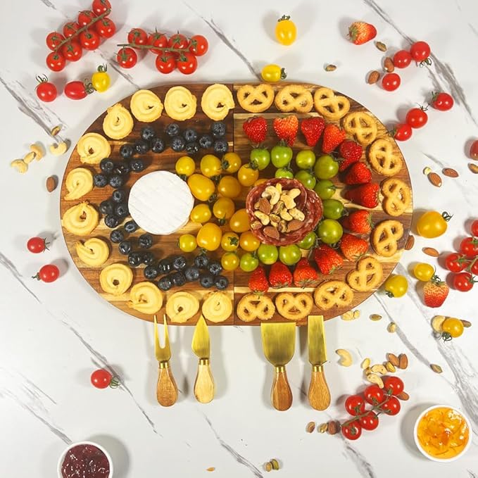 Charcuterie Board Set - 2 Pieces with Knife Set, Premium Acacia Wood Cheese Boards, Puzzle Shaped Serving Tray, Christmas, House Warming Gifts New Home, Wedding & Bridal Shower Gift