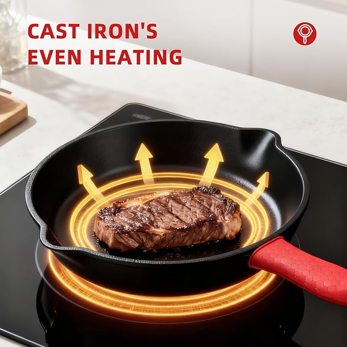 3 piece set, cookware set 6, 8, 10 Inches, for frying, saute, cooking, pizza & more, easy use in the oven, stove, grill, or campfire, black, with silicone heat-resistant cover
