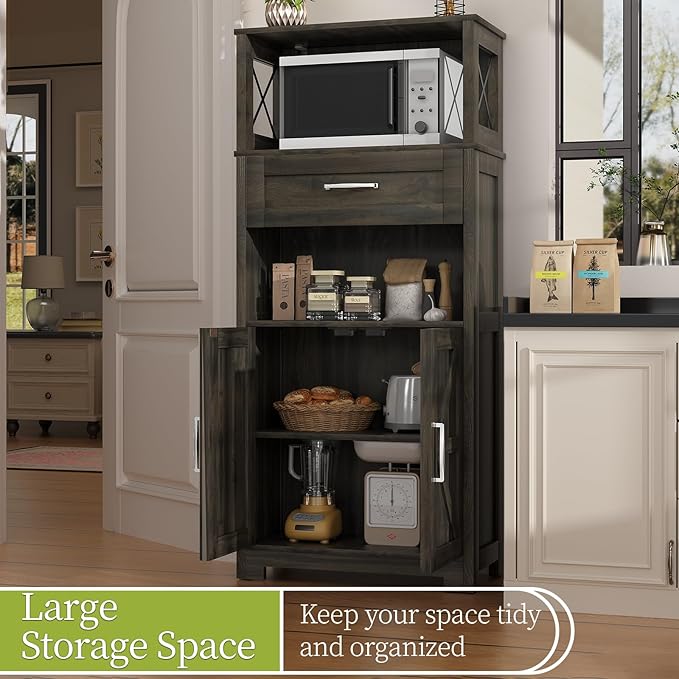 55" Tall Kitchen Pantry, Farmhouse Storage Cabinet with Doors, Shelves and Drawer, Rustic Wood Cupboard for Kitchen, Dining Room (Ash Grey)