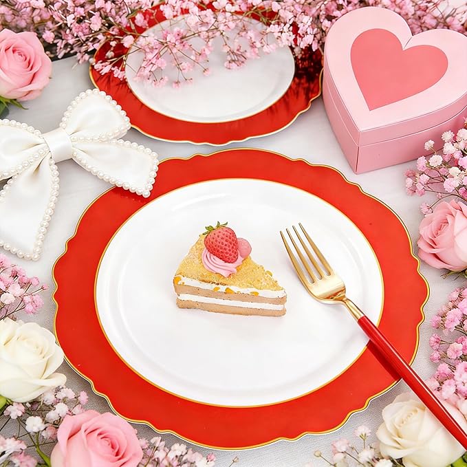 WDF 60pcs Red Christmas Plastic Plates with Gold Rim - 10.25inch Red Dinner Plates Disposable Plates Table Decor for Valentine's Day