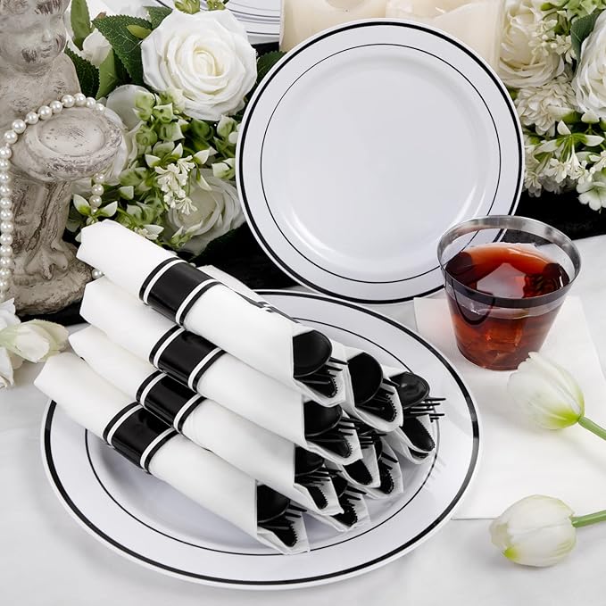 WELLIFE 210Pcs Black Plastic Dinnerware with Pre Rolled Napkins, Include:30 Dinner Plates, 30 Dessert Plates, 30 Paper Napkins, 30 Cups, 90 Plastic Cutlery
