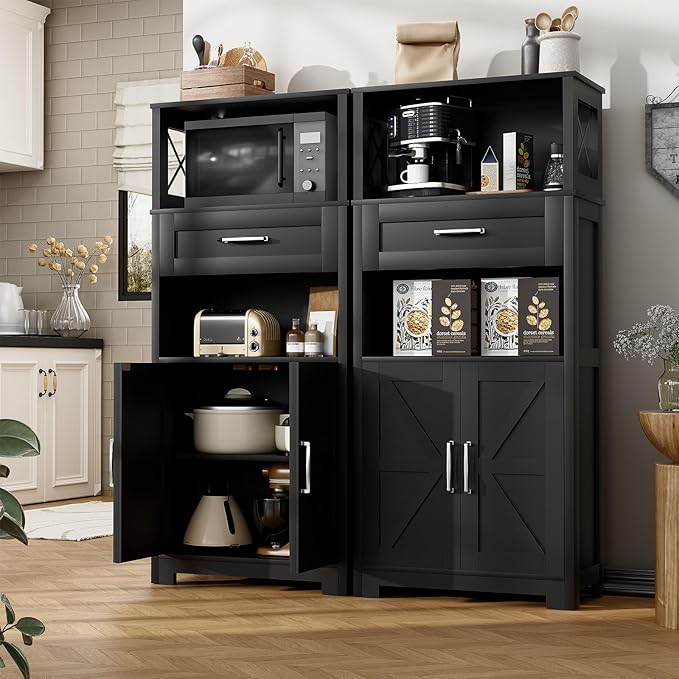55" Tall Kitchen Pantry, Farmhouse Storage Cabinet with Doors, Shelves and Drawer, Rustic Wood Cupboard for Kitchen, Dining Room (Black)