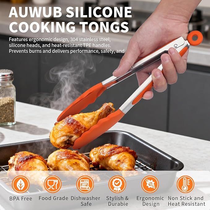 Salad Tongs, 7/9/12/16 Inch Silicone Food Tongs with 304 Stainless Steel Core, Easy-Grip, in Pistachio, Black, Blue, Orange, Red (Orang, 9inch)