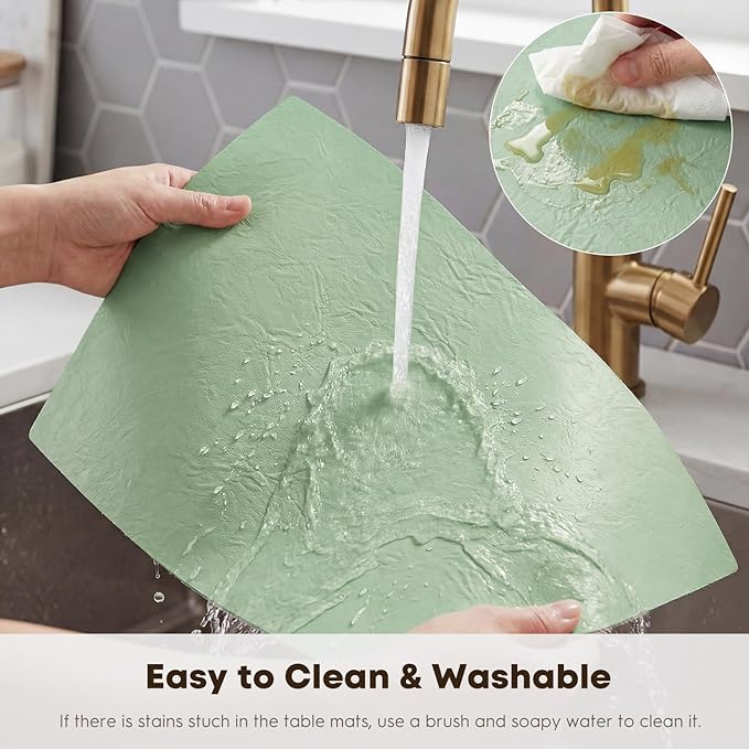 Artoid Mode Sage Faux Leather Placemats Set of 6, 12x18 Inch Waterproof Wipeable Heat Resistant Place Mats, Reversible Table Mats for Spring Kitchen Dining Decor