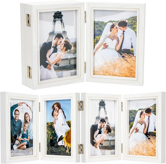 4x6 Four Picture Frame 4 Hinged Photo Frame with 4 Openings, Natural Wood Foldable Photo Frame with High Definition Acrylic for Birthday Father's Day Christmas Gift, Rustic Desk Family Picture Collage, White