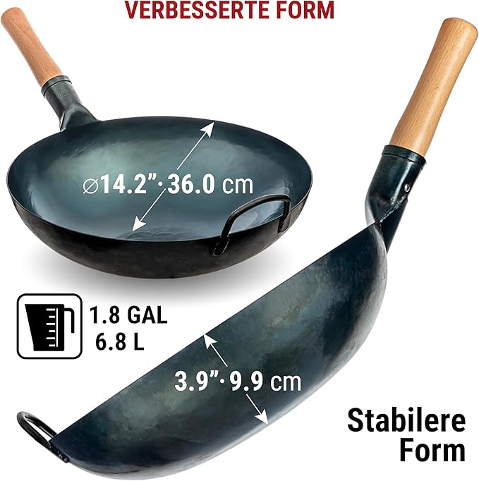 YOSUKATA Blue Round Bottom Wok Pan ??14" Stir Fry Pans Premium Wok Cover 14 inch - Wooden Lid
