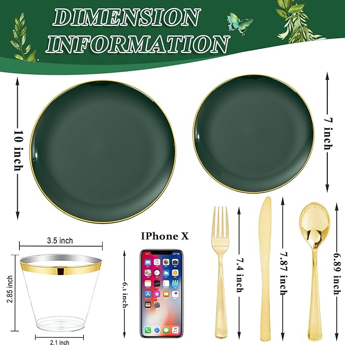 WDF 300Pcs Green Plates Disposable - Heavy Duty Green Plates - 50Guest Green Plastic Dinnerware Include 50 Dinner Plate, 50 Dessert Plate, 150 Cutlery & 50 9oz Cups for Parties St. Patrick?셲 Day