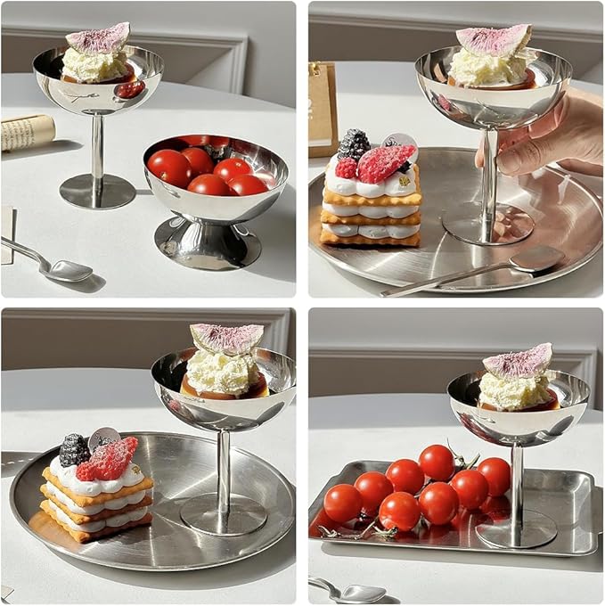 Hapivida Ice Cream Cup, 4Pcs Stainless Steel Serving Dessert Bowls Cups Sauce Bowls Mini Round Footed Yogurt Snack Candy Cups for Salad Fruit Pudding Christmas Party