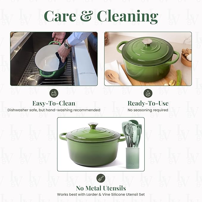 Larder & Vine Enameled Cast Iron 5.7qt Dutch Oven Pot with Lid | Bread Baking | Compatible on All Cooktops & Oven Safe to 500째 F | Great for Sourdough Bread | Okra