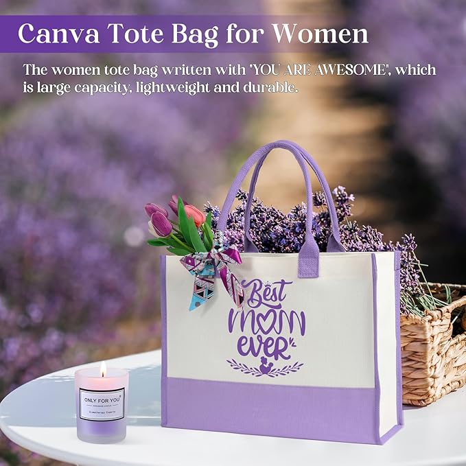 Christmas Gift baskets for Mom, Christmas Gift Sets for Mother from Daughter Son, Birthday, Thanksgiving Day, Care Package for Mother with Canvas Tote Bag Sock Tumbler Soap Flower