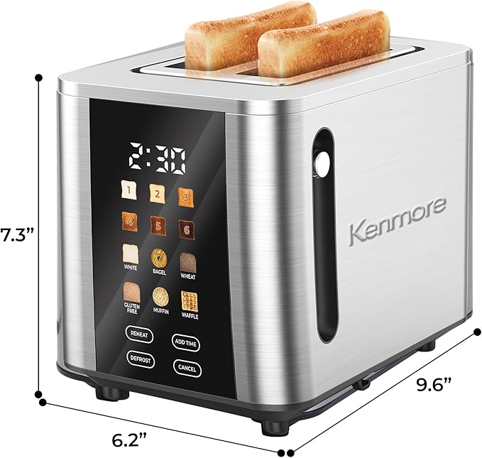 Kenmore 2-Slice Toaster | Color Touch Screen & 6 Shade Settings | Extra Wide Slots | Digital Countdown Timer | Customizable Smart Presets | Reheat, Defrost, Add Time Functions | Stainless Steel