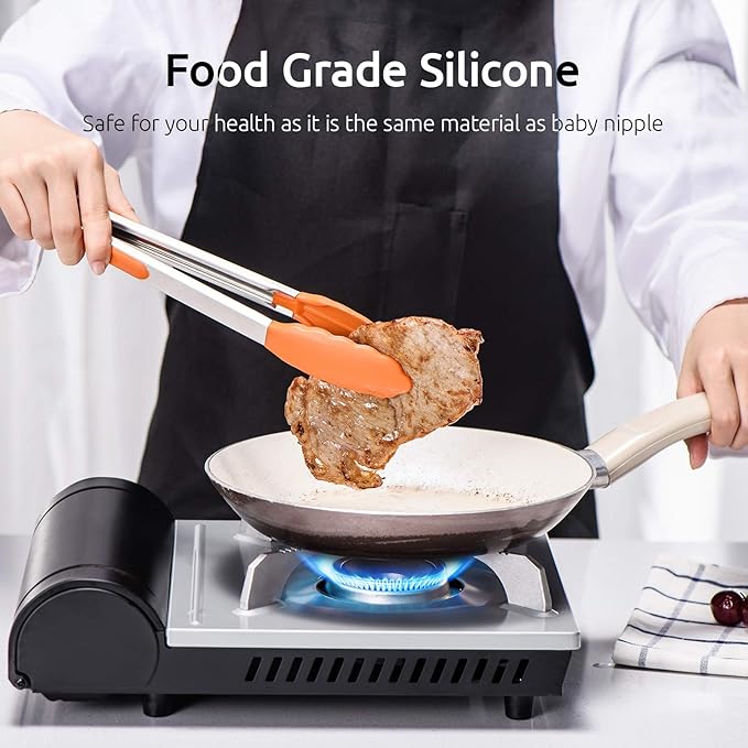 Kitchen Tongs, U-Taste 7/9/12 inches Cooking Tongs, with 600쨘F High Heat-Resistant Non-Stick Silicone Tips, 18/8 Stainless Steel Handle, for Food Grill, Salad, BBQ, Frying, Serving, Pack of 3(Orange)
