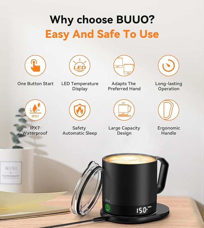 Heated Coffee Mug Rechargeable - Temperature Control Self Heating Coffee Mug 14oz with Lid, Double Sided & Real-Time LED Display, Hot up to 150?? Birthday Gifts for Women and Men(Black)