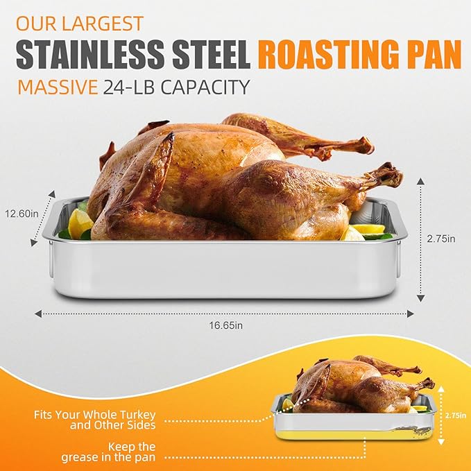 Stainless Steel Turkey Roasting Pan with Rack & Handles, Heavy Duty Food-Safe Turkey Pan Dishwasher Safe, Perfect for Cooking Turkey and Steak for Thanksgiving and Christmas (Extra Size)